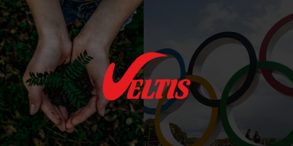 image montrant le logo des jo et une personnes tenant une plante dans les mains. On y voit également le logo Veltis