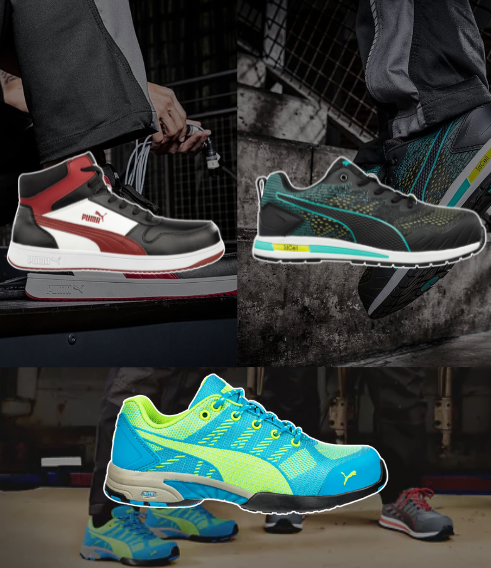 une affiche avec nos 3 nouvelles baskets de sécurité Puma